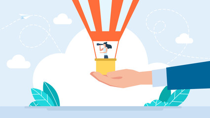 Business woman in air balloon with a telescope.  A businesswoman in hot air ballon standing on giant palm and looking through telescope. Business concept. Husband support. Vector illustration