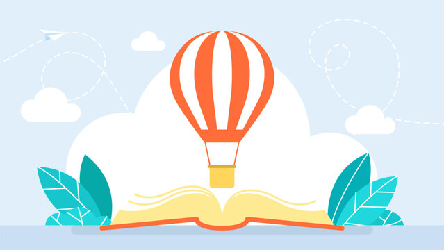Reading, fantasy, reflection. Opened book and balloon. Adventure books. Pages are opened in an interesting plot spot. Hot air balloon books. Vector illustration