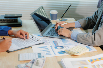 Corporate team discussing market data. Collaborative effort for business