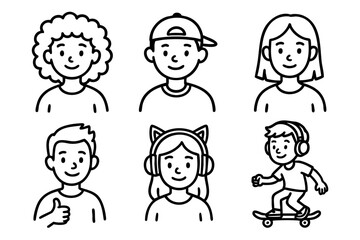 Teenagers and kids cartoon doodle hand drawn avatar icon set in black and white outline style