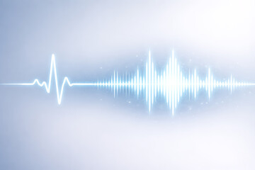 Glowing white sound wave on blue background with bright light