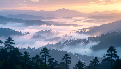 Obraz premium A serene mountain landscape with fog rolling in at sunrise or sunset