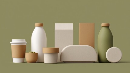 Sustainable branding mockup featuring biodegradable bottles, cups, and boxes. Organic design concept on green background