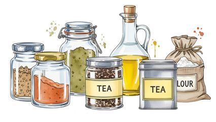 Assorted kitchen ingredients and cooking supplies arranged on a clean white surface from a straight-on viewpoint