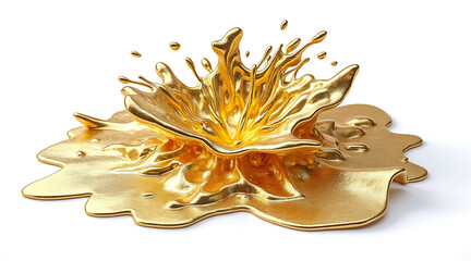 Gold liquid splash forming abstract flower shape, metallic texture and reflective surface, luxury artful composition with energetic motion