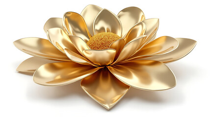 Gold lotus flower sculpture with polished petals and soft glowing center evoking elegance and tranquility in minimalist setting