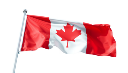 The Canadian flag waving on a silver flagpole against a transparent background