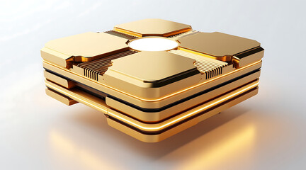 High tech golden energy module with segmented out circular core and layered casing, sleek metallic design conveying futuristic power and precision