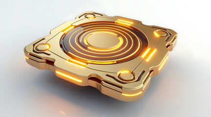 High tech golden energy module with segmented rings and glowing orange lights, futuristic device emitting warm ambient glow and sleek metallic