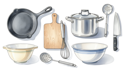 Assorted cooking tools and utensils including bowls and pans arranged neatly on a clean surface from a straightforward viewpoint