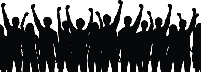 Naklejka premium Protest crowd silhouettes raising fists in unity, people demonstration activism concept, social movement power solidarity resistance, vector illustration, graphic design poster