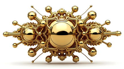 Ornate golden artifact geometric organic hybrid sculpture, polished metal sphere centerpiece, futuristic decorative object evoking wonder