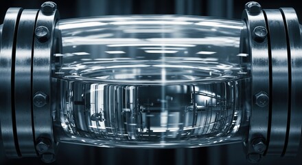 Transparent cylinder with metal fittings in industrial setting conveying modern technology