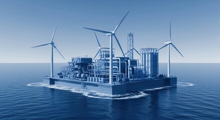 Innovative Offshore Energy Platform with Wind Turbines and Industrial Equipment in Blue Tones