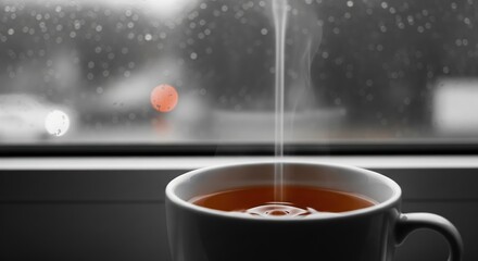 Steam Rising from a Warm Cup of Tea on a Rainy Day by a Window in Black and White
