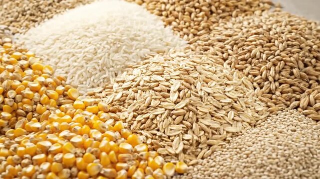 Assorted grains and corn kernels displayed in a close-up view