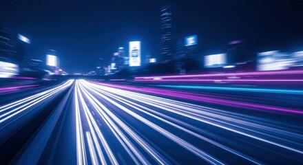 Vibrant Night Cityscape with Light Trails of Vehicles Moving Through Urban Environment