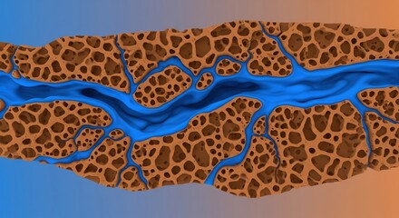Abstract 3D Representation of Organic Texture with Blue Liquid Flowing Through Brown Pores