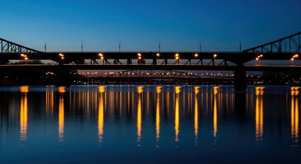 Tranquil River Scene at Dusk with Bridge Reflections and Illuminated Cityscape Lights