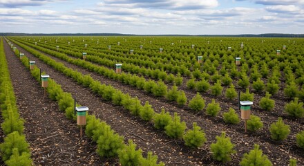 Lush Green Tree Nursery with Carefully Spaced Seedlings under Blue Sky and White Clouds