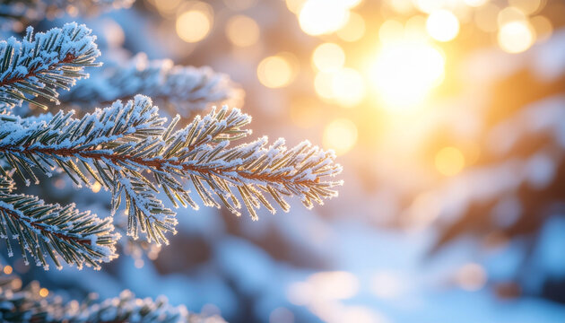 A frosty pine branch glistens in the warm sunlight on a winter morning - Powered by Adobe