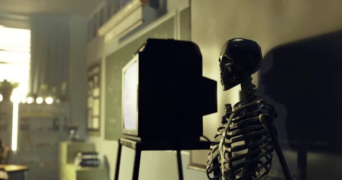 In a dimly lit classroom, a skeleton sits next to an old television, creating an eerie atmosphere. Dust covers the desks, and vintage educational materials linger around.