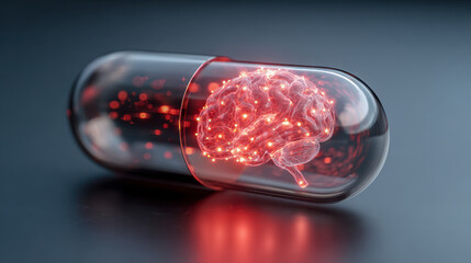 Conceptual illustration of a transparent capsule containing a glowing human brain symbolizing cognitive enhancement and advanced neurotechnology in medicine