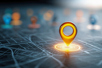 Illuminated golden map pin highlighting a precise location within a city grid surrounded by blurred colorful markers symbolizing navigation and tracking concepts