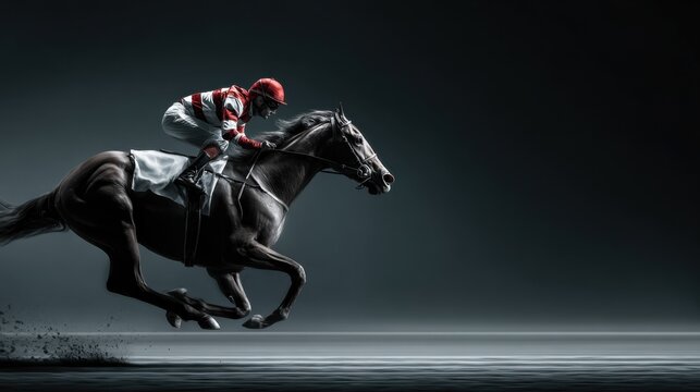 dynamic side view of a single racehorse with jockey mid-gallop on clean racetrack, no dust or motion blur
