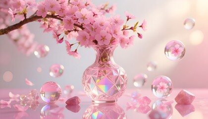 Elegant pink cherry blossoms in a faceted crystal vase surrounded by shimmering bubbles and delicate petals on a reflective surface.