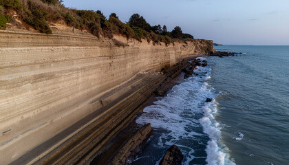 Obraz premium A serene ocean view with waves crashing against a layered cliffside at dusk