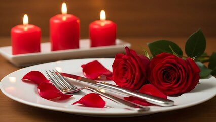 Red roses and silver cutlery on a white plate with lit red candles in the background