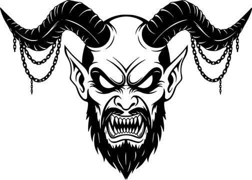 Krampus Head Vector Illustration with Chains and Fangs