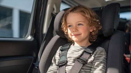 Medium shot of child seated in the rear seat of a training vehicle highlighting the correct way to adjust the seatbelt for comfort and security in bright daylight.