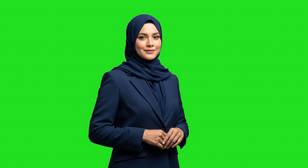 Smiling woman in hijab standing against green screen
