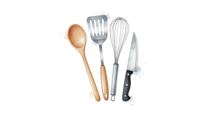 Assorted kitchen utensils including spoon, fork, whisk, and knife arranged on a plain white background