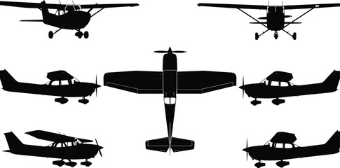 Small aircraft silhouette set, top side front view, aviation blueprint, airplane layout, technical drawing, vector flat cad illustration