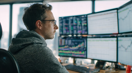 Focused man analyzing financial data and stock market trends on multiple computer screens in a modern office workspace during daytime