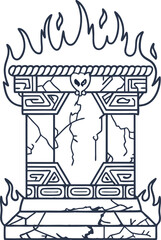 Fototapeta premium Ancient stone gateway with cracks and flames, mystical portal with decorative patterns and skull detail