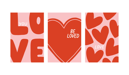 Vector set of romantic cards with decorative hearts and handwritten love quotes. Cute Valentine designs in soft pink and red, perfect for greeting cards, prints, and gifts.