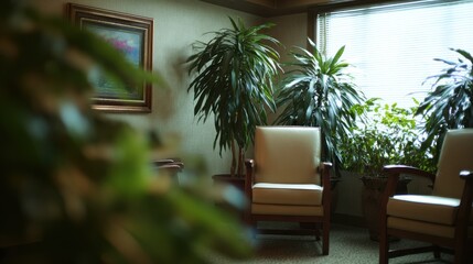 Fototapeta premium Therapy suite medium shot featuring an arrangement of tall leafy plants near seating the plant details prominent and the background providing a soft soothing outoffocus contrast.