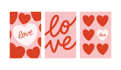 Vector set of romantic cards with decorative hearts and handwritten love quotes. Cute Valentine designs in soft pink and red, perfect for greeting cards, prints, and gifts.