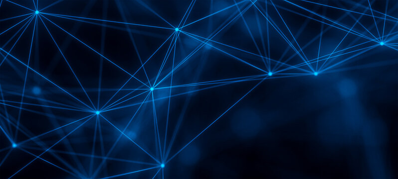 Futuristic abstract technology background with glowing blue nodes and connecting lines for technology, innovation, and science concepts.