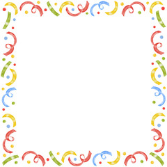 Square border frame with confetti and multi colored red, blue, green and yellow dots. Watercolor illustration, template for greeting card, invitation card, baby shower decor