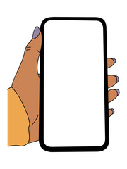Minimalist vector illustration of a hand in a yellow sleeve holding a black smartphone with purple nails, clean modern style isolated on transparent background.