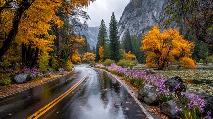 Fototapeta premium Winding road through autumn landscape; reflections in the wet asphalt. Mountains in the background