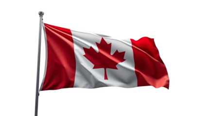 The Canadian flag is waving on a flagpole against a solid black background on transparent background
