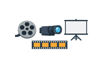 Flat style cinema equipment icons: camera, film reel, projector screen