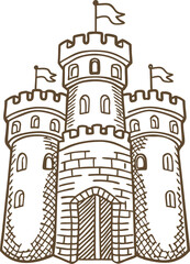 Obraz premium Medieval castle with three towers and flags, ancient fortress illustration with arched entrance