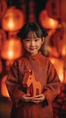 a little girl smile and wearing a chinese traditional holding a horse paper cut